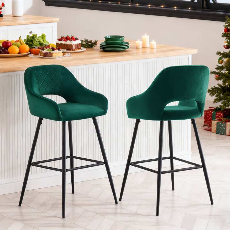 Sunni 67cm Velvet Upholstered Arm Bar Stool with Footrest, Green