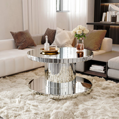 Table basse et miroir de luxe à deux niveaux avec miroir rond et verre cannelé - table d'appoint moderne de 31,5 po de diamètre pour le salon, conception luxueuse légère, structure cylindrique robuste