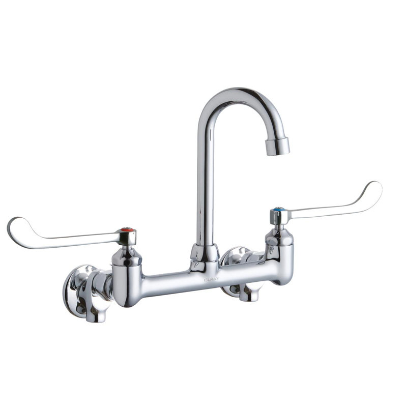 Scrub/Handwash 8" Centerset Wall Mount Faucet w/4" Gooseneck Spout 6" Wristblade Handle 1/2" Offset Inlets+Stop