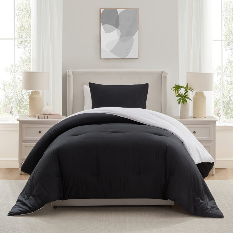 Modern Reversible 2 Piece Comforter Set, Black/White, Twin Comforter + 1 Standard Sham