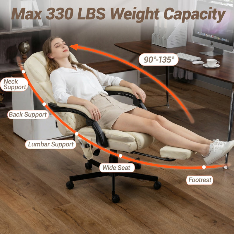 Massage Office Chair with Foot Rest, 6 Points Vibration Heating Executive Chairs  Ergonomic Home Office  Desk Chair，Beige