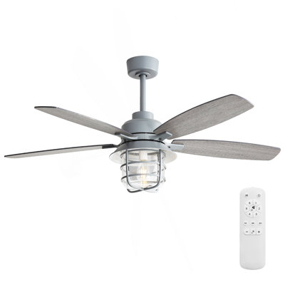 Ventilateur de plafond gris ciment 52 pouces avec lumière E26, abat-jour en verre, 5 pales en contreplaqué, moteur à courant continu silencieux, 6 vitesses de vent