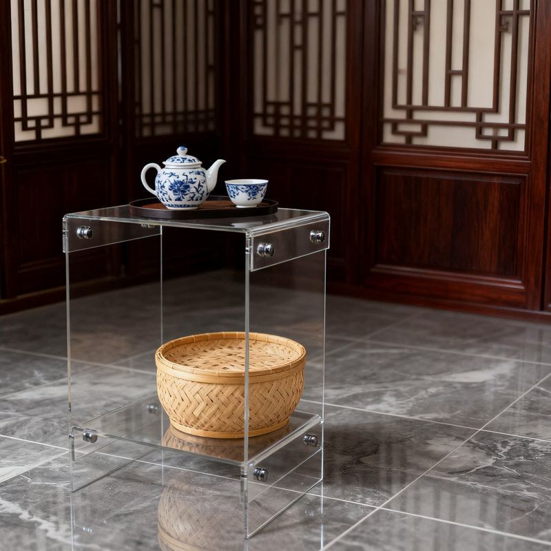 Modern Acrylic End Table With Storage Shelf, Transparent Side Table For Small Spaces, Clear Nightstand For Living Room Bedroom And Office