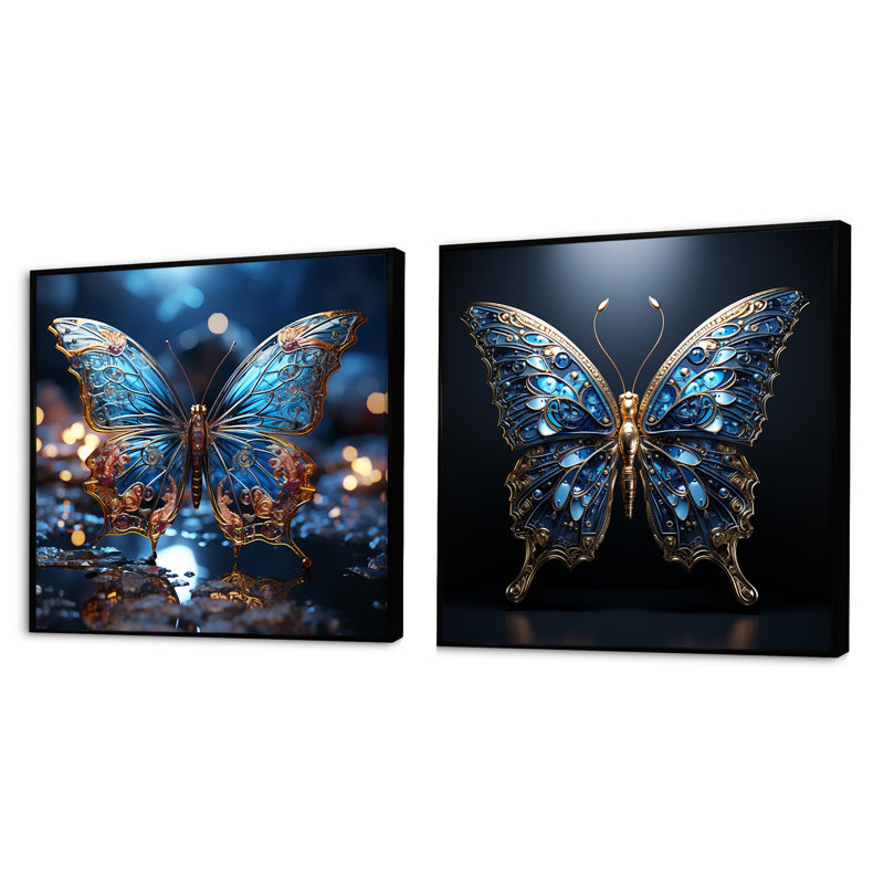 Butterfly Watery Blues - Ensemble de 2 insectes et insectes carrés, Cadre flottant noir, H 16 po x l 33 po