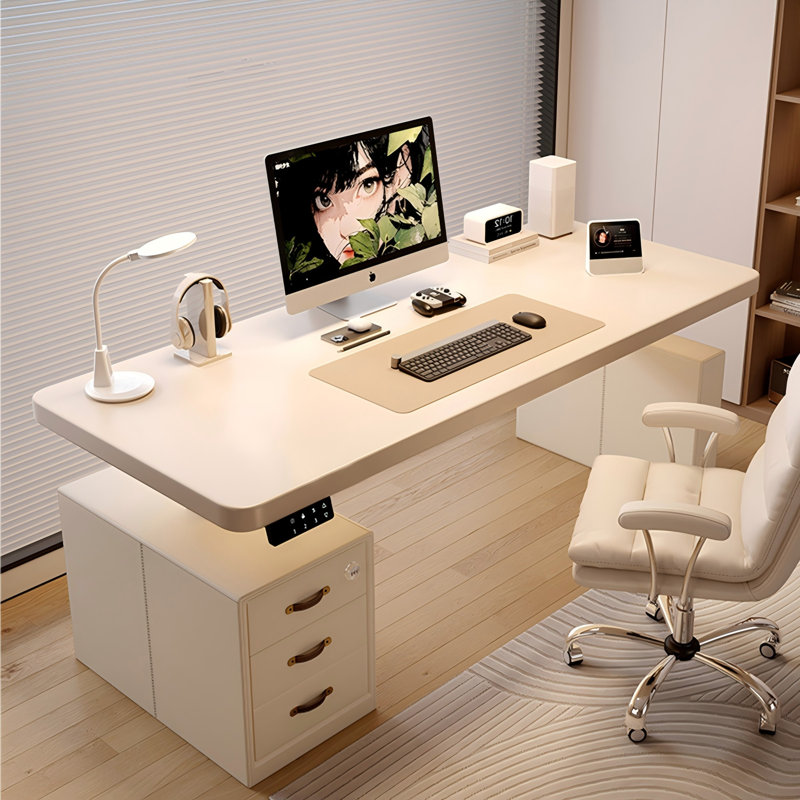 Bureau réglable 55,25 po blanc moderne et minimaliste électrique de style crème, 51.18" H x 55.12" W x 31.5" D