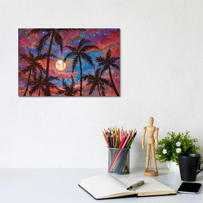 Beautiful Palm Trees, Pink Purple Sunset And Large Moon by Valery Rybakow - Painting on Canvas