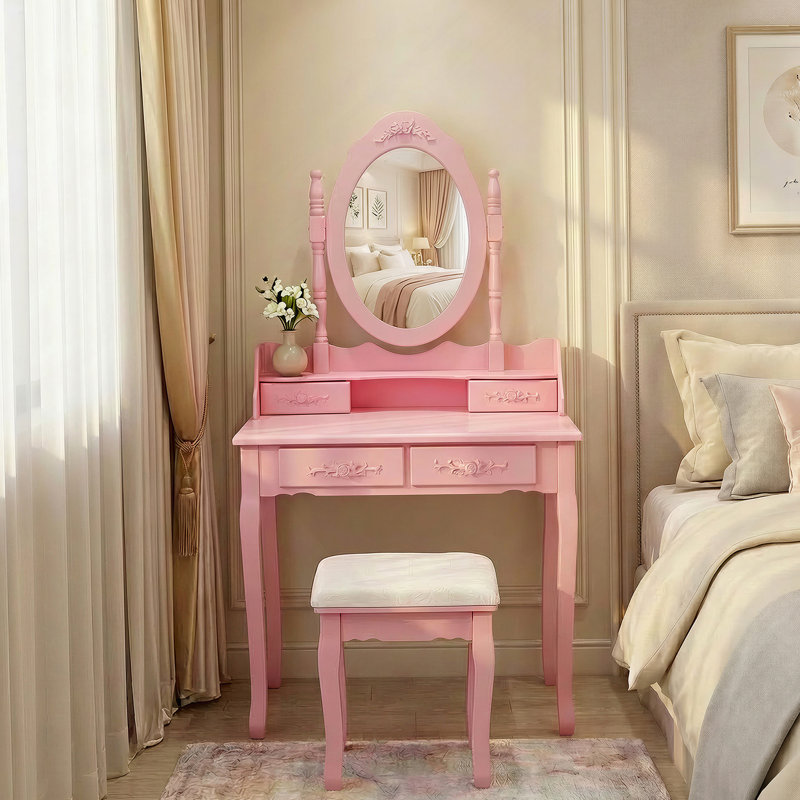 Vanity Desk Set With Mirror And Cushioned Stool, 4-Drawer Wooden Makeup Vanity Table For Bedroom, Pink