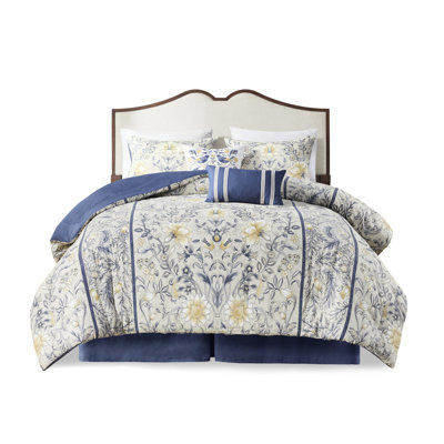 King 6 Piece Comforter - Botanical Print In Hues Of Blue And Yellow 100% Cotton Cozy Bedroom Atmosphere & Relaxing