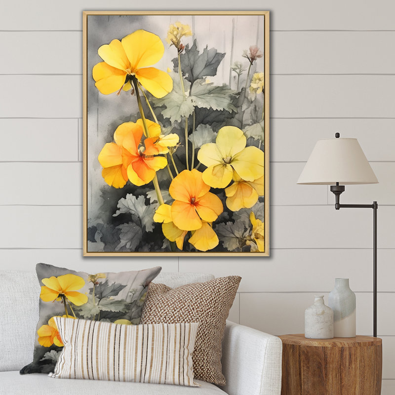 Bouquet de géraniums jaunes et gris - Imprimé, Cadre naturel flottant, H 32 po x l 16 po x P 1 po