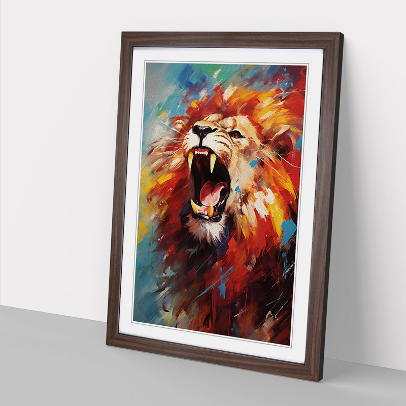 Lion Modern - Single Picture Frame Print on Wood, Walnut Framed, 34cm H x 25cm W x 2cm D