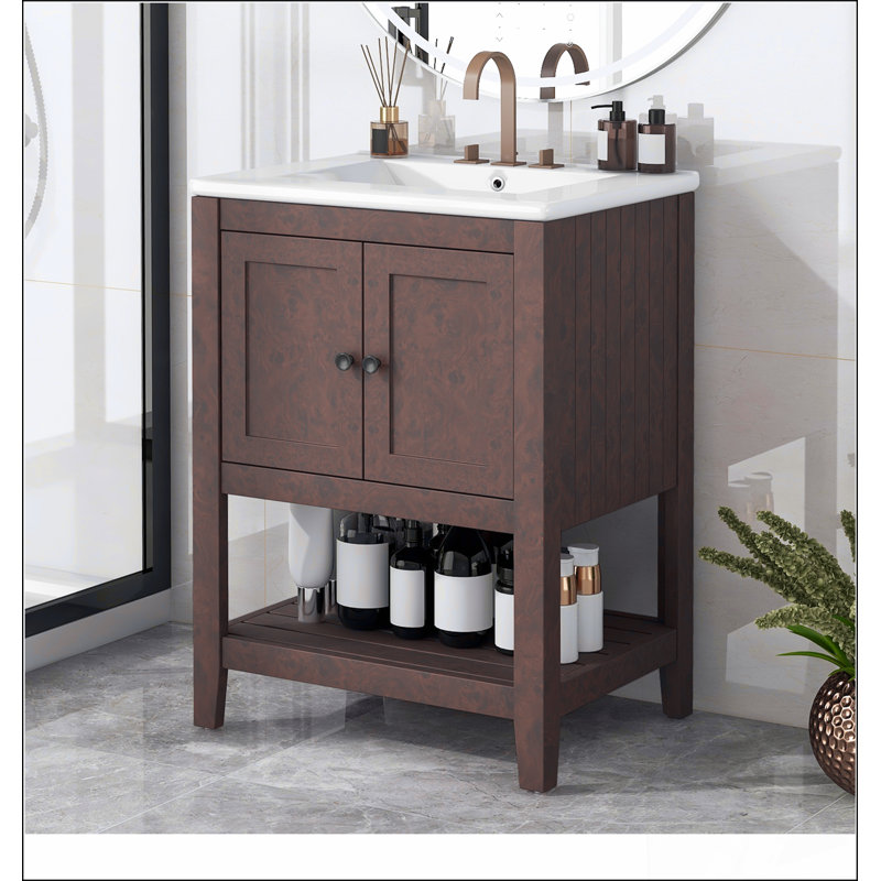 Lavabo de salle de bain élégant et moderne en céramique 24 po avec tablette ouverte et cadre en bois massif brun (OLD SKU: JL000004AAD-1)