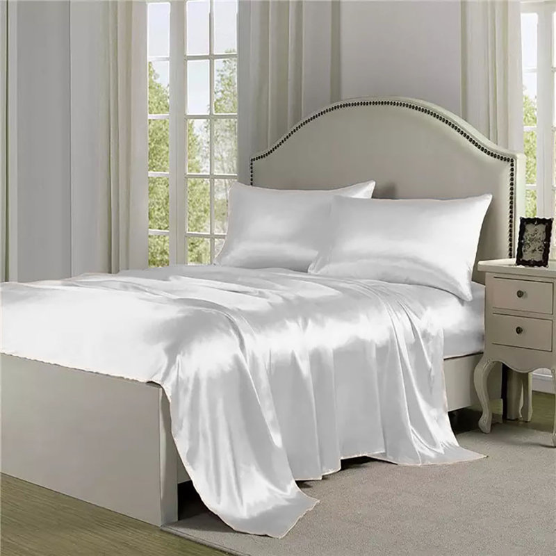 Ensemble de draps 4 pièces en satin doux et soyeux, Ensemble de draps double / double avec 2 taies d'o, Blanc