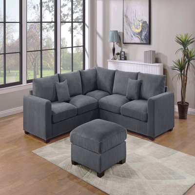 Ensemble de canapé modulaire en forme de L de style moderne avec repose-pieds 4 pièces et accoudoirs carrés en velours côtelé revêtu de gris foncé