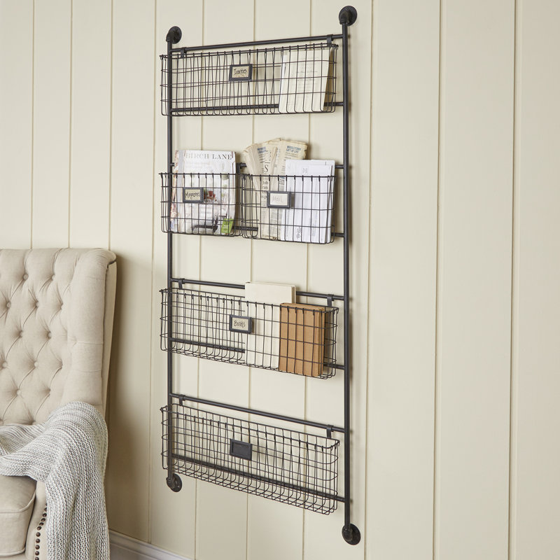Black Charlotin Metal Tall Wire 5 Slot Magazine Rack Holder with Suspended Baskets and Label Slots, 61" H x 27" W x 5" D