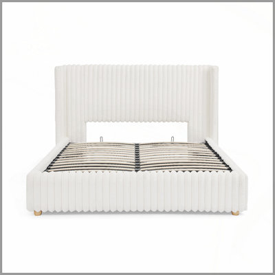 Grand lit à rayures verticales fonctionnel avec rangement pneumatique, luxueux lit double rembourré en fourrure de lapin