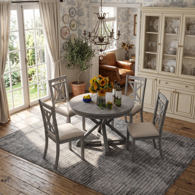 Extendable Round Dining Table Set with 4 Upholstered Chairs, Retro Convertible Oval Table for Kitchen and Dining Room