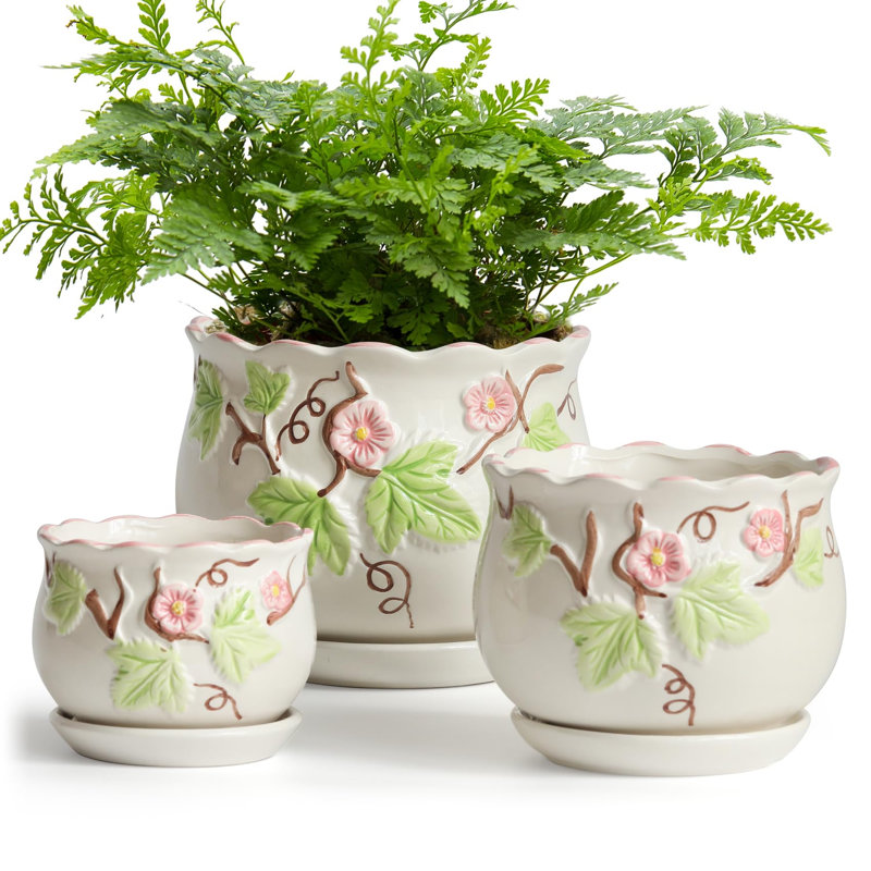 Pots à fleurs en céramique avec trous de drainage et soucoupes, pots à fleurs ronds pour plante d'intérieur, ensemble de 3 pots à fleurs rétro 4 / 5,2 / 6,6 pouces