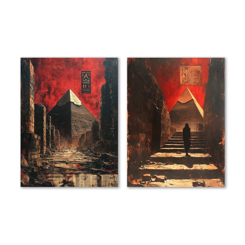 «Red Pharaohs Legacy Giza Pyramid I», ensemble de 2 reproductions d'art murales égyptiennes en métal, H 32 po x l 48 po