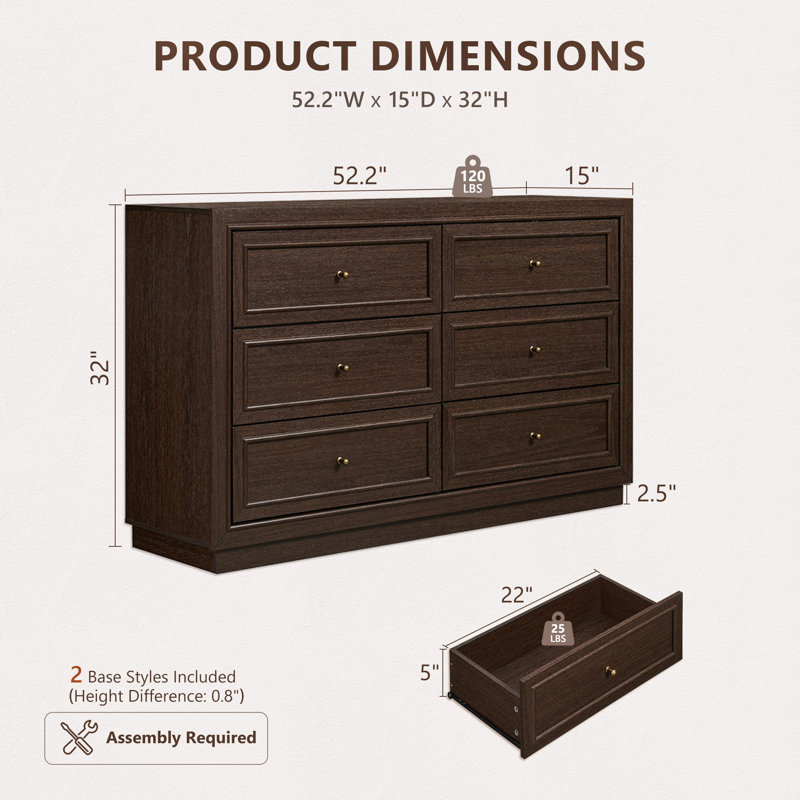 Commode 6 tiroirs 52,2 po, Noyer
