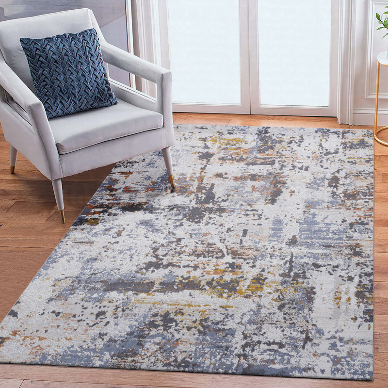 Tapis à fibres synthétiques abstraites résistant aux taches et à la perte de couleur bleu ivoire moyen 5 pi x 7 pi