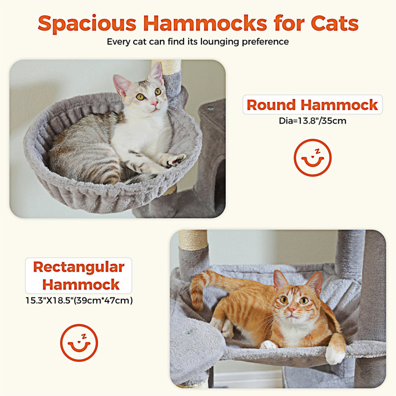 Arbre à chat de 69 pouces de hauteur pour grands chats d'intérieur, avec très grand hamac, poteaux à griffer et maisonnette