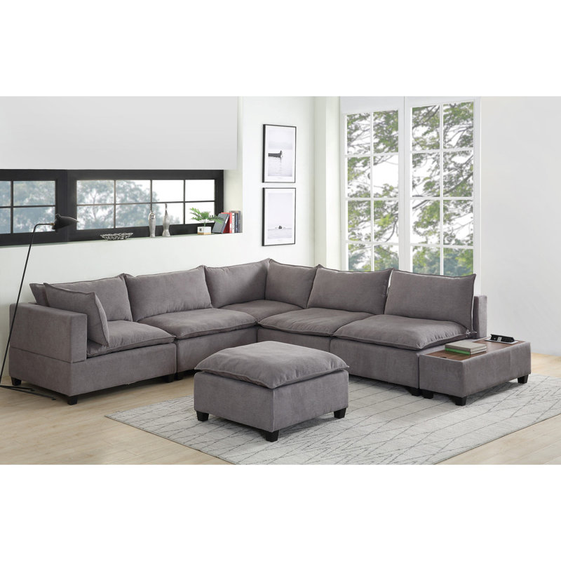 Gouvernour Velvet Sectional, Light Gray Polyester Blend