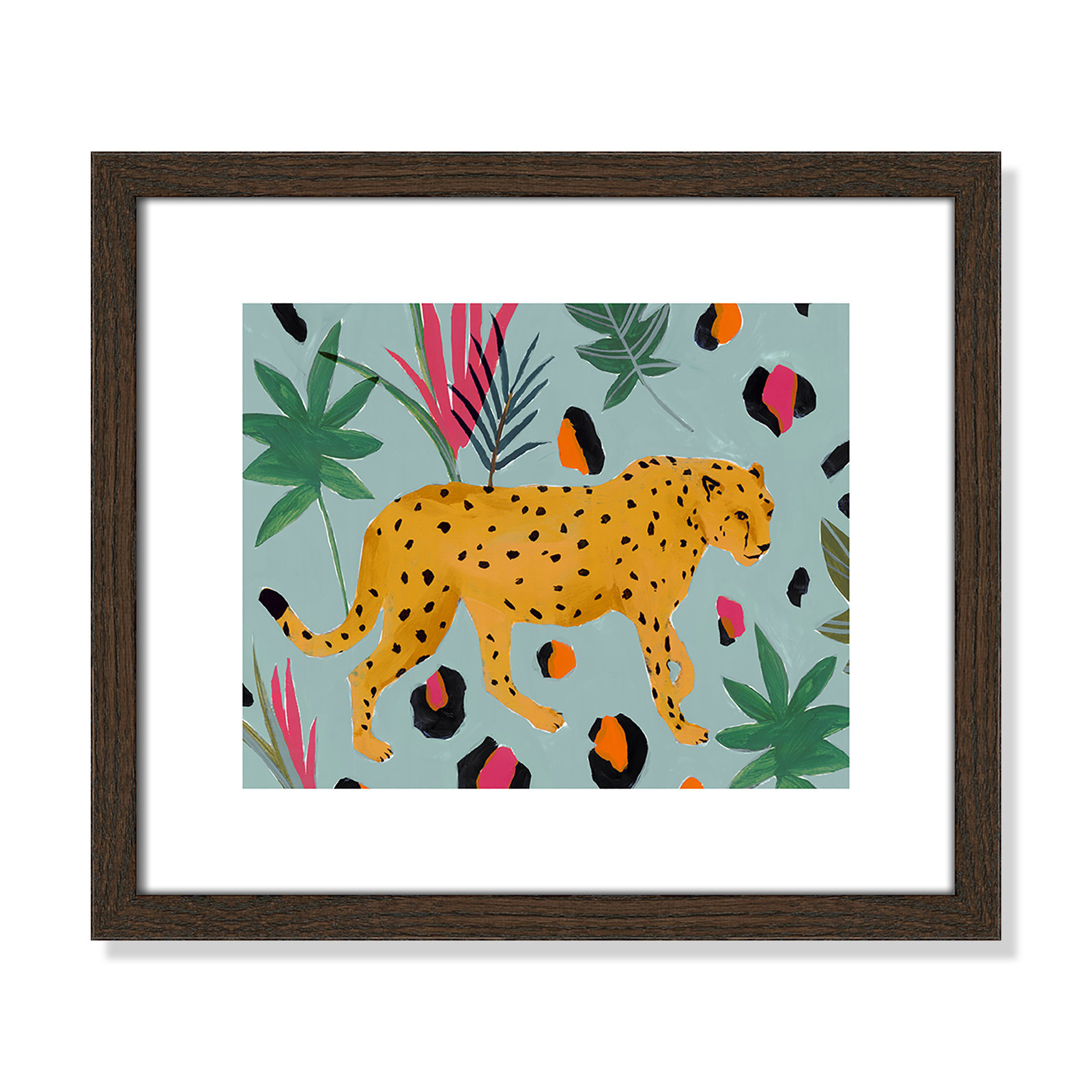 Walking Cheetah II by Isabelle Z - Painting Print, Walnut Wood Framed Paper, 13" H x 15" W x 0.75" D