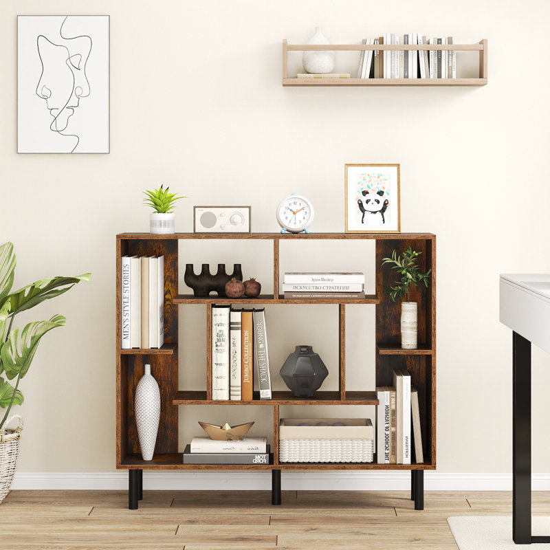 Open Bookshelf Modern Geometric Bookcase, Brown