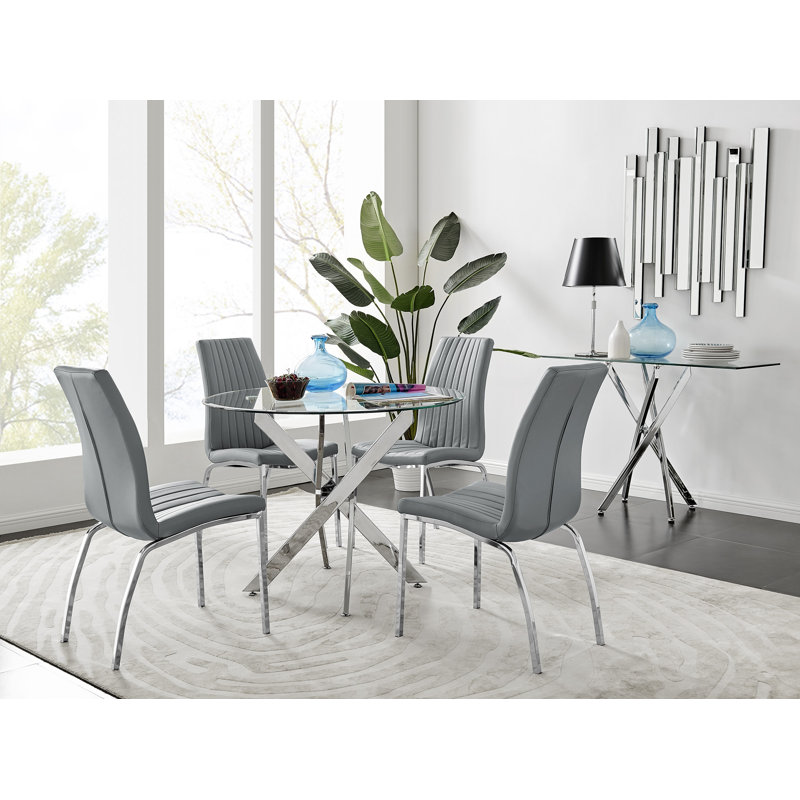 Tierra Sleek Metal and Glass Round Dining Table Set with 4 Faux Leather Upholstered Dining Chairs, Elephant Gray