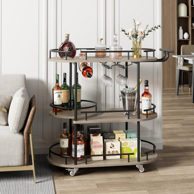 Chariot-bar mobile à 4 niveaux avec porte-bouteilles et porte-verres, tablettes en MDF en marbre, roues pivotantes à 360 ° avec freins pour la cuisine, la salle à manger et le salon