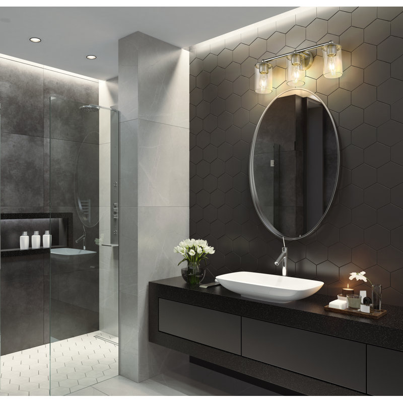 Cheetham 3-Light Steel Dimmable Vanity Light with Clear Glass Shades, Brushed Nickel