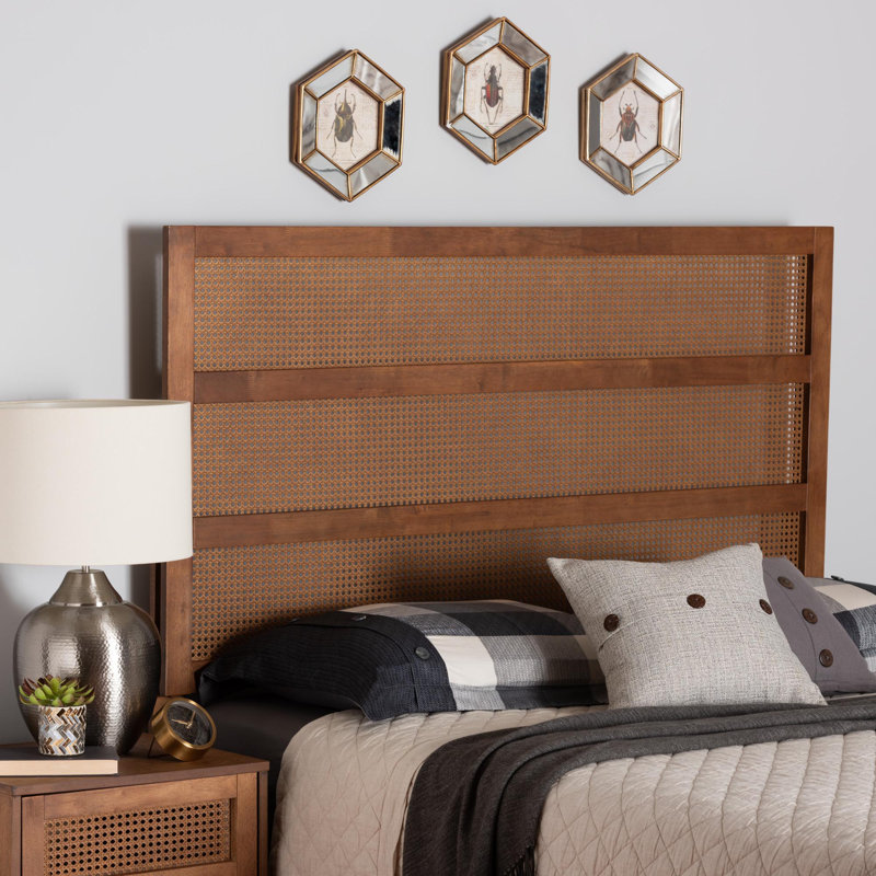 Walnut Wood and Rattan Queen Size Headboard with Woven Design