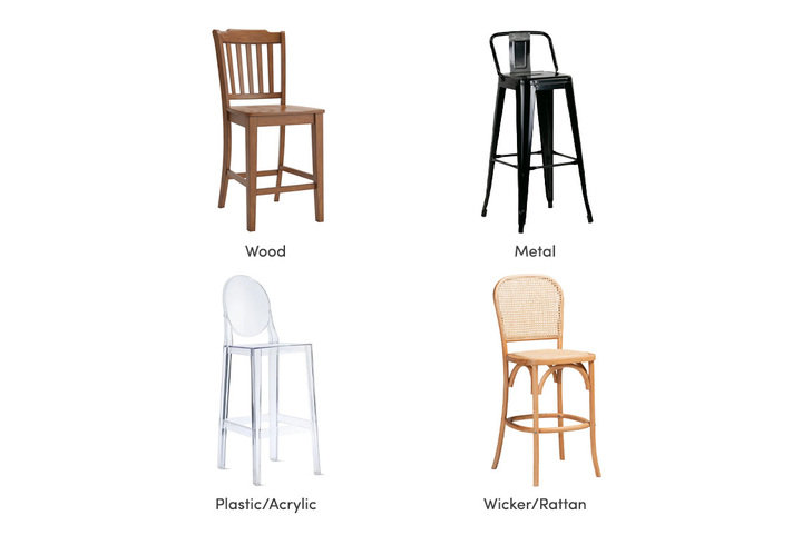 collage of bar stool materials: wood, metal, plastic/acrylic, and wicker/rattan