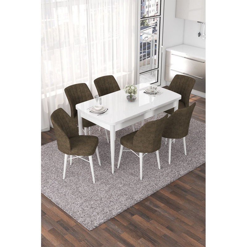 Ensemble de table et chaises de salle à manger extensible Modern (7 pièces), blanc et brun, table: 44,9 po x 30,7 po x 27,6 po (ouvert: 56,7 po) | 100% panneau de fibres à densité moyenne avec pieds en bois, structure de chaise en métal, tissu Jerry pelucheux, parfait pour les réunions de famille