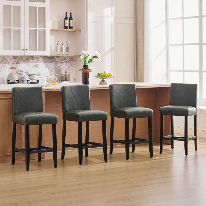 Tabouret de bar et de comptoir rembourré avec structure en bois massif, ensemble de 3, Vert foncé, 2
