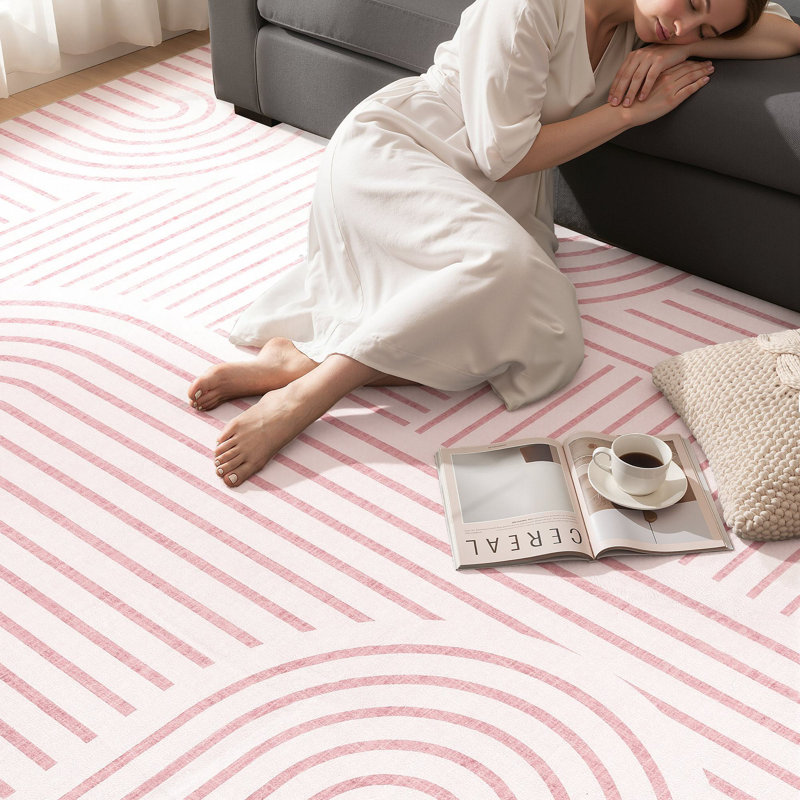 Washable Farmhouse Modern Area Rug Soft Non-Slip Carpet for Bedroom Living Room - Pink, Rectangle 8' x 10', Pink