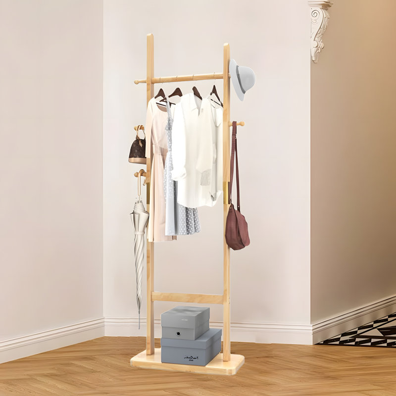 Portant simple pour vêtements avec étagères de rangement, Naturel