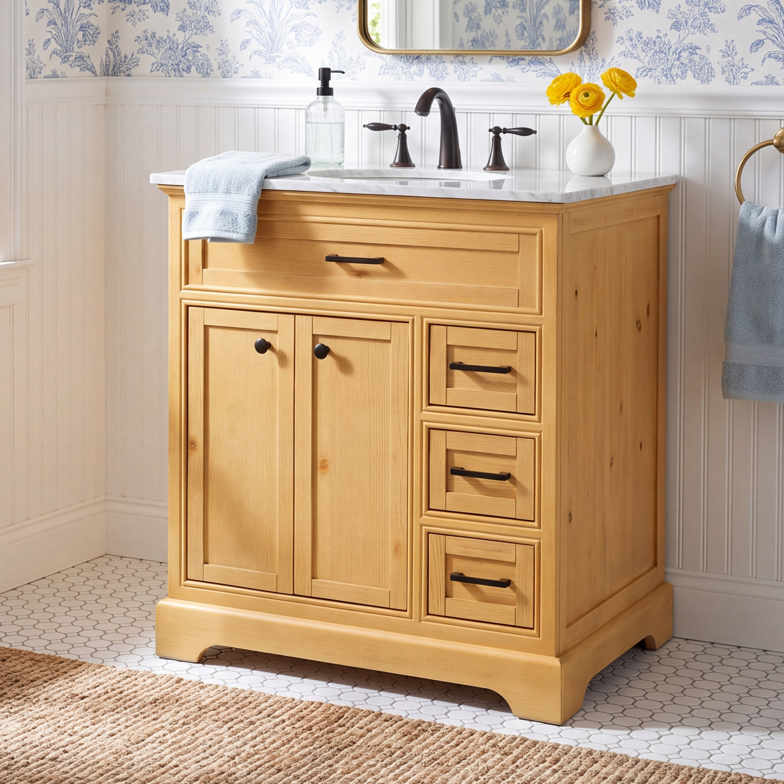 Hermes 32 " Carrara Marble Single Bathroom Vanity, Natural Wood