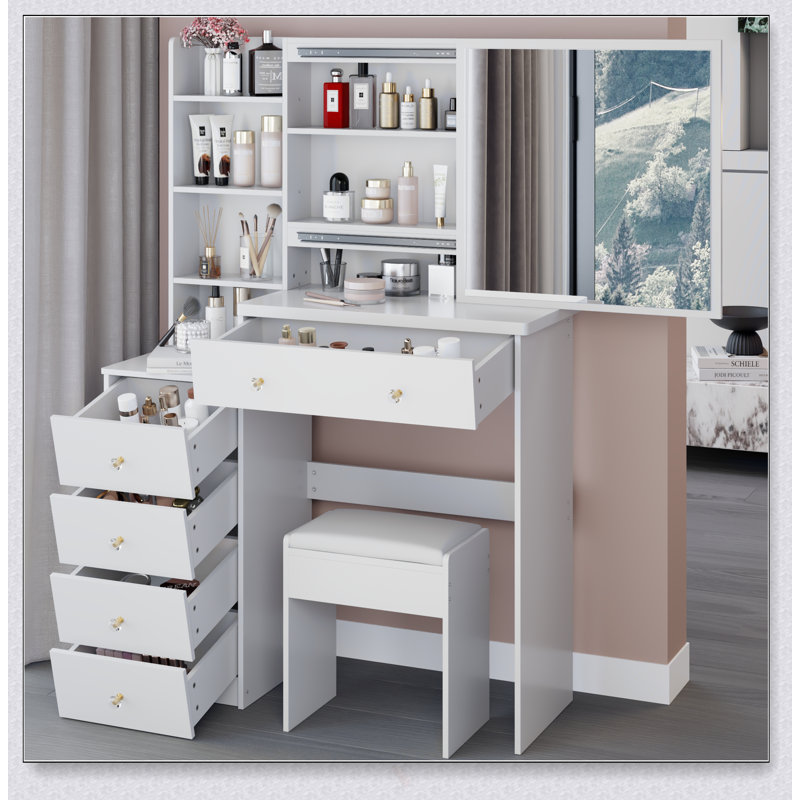 37-Inch Vanity Table With Cushioned Stool, Extra Large Sliding Mirror, And Multi-Layer Storage For Large Spaces, White