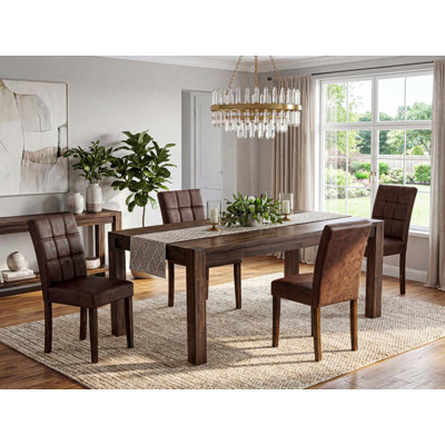 5 Piece Modern Dining Table Set Includes A Mid Century Modern Dining Table and 4 Black Textured Polyester Fabric Dining Chairs, Distressed Jacobean