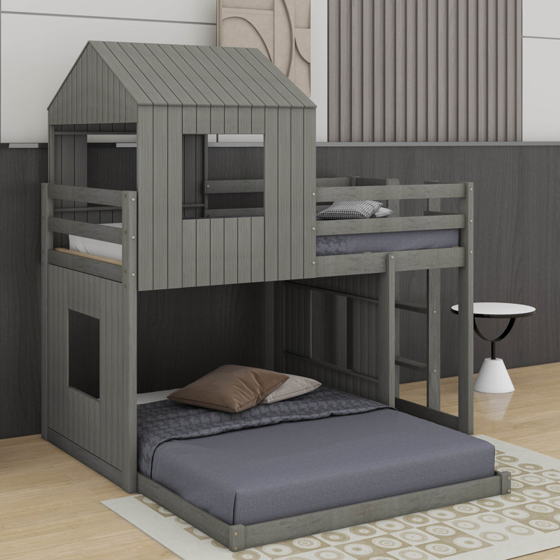 Lit superposé simple en bois sur lit double, lit mezzanine avec maisonnette, ferme et garde-corps, Gris antique