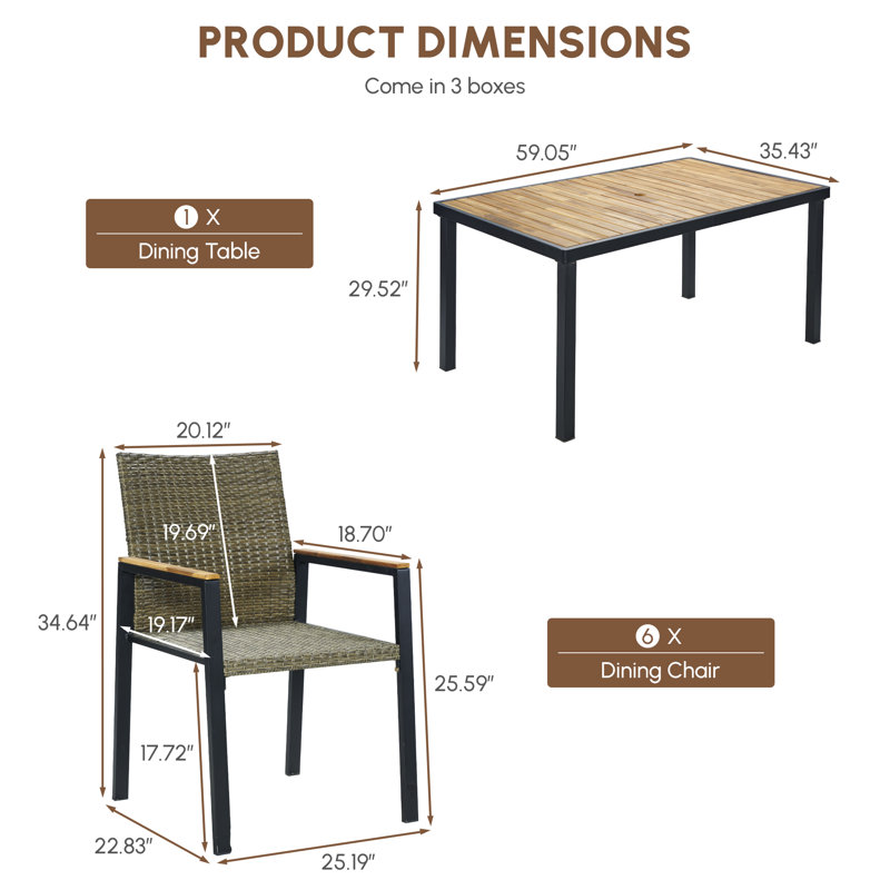Ensemble de salle à manger 7 pièces pour patio avec table en bois d'acacia massif, chaises en osier rembourrées et structure en acier