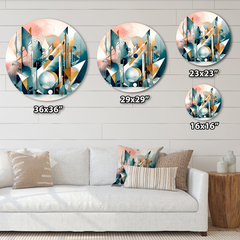 Blue And Pink Embracing Cubism II - Abstract Minimalism Round Wall Art on Metal, 16" H x 16" W x 1" D