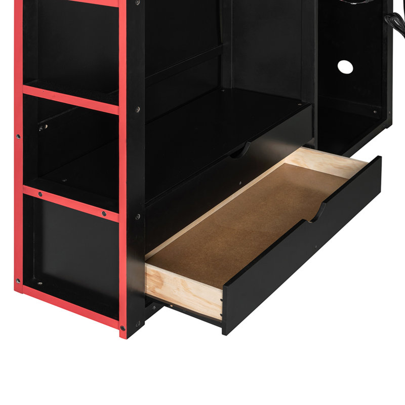 Lit mezzanine double en bois avec bureau, garde-robe, grand espace de rangement et lumière RVB, Rouge