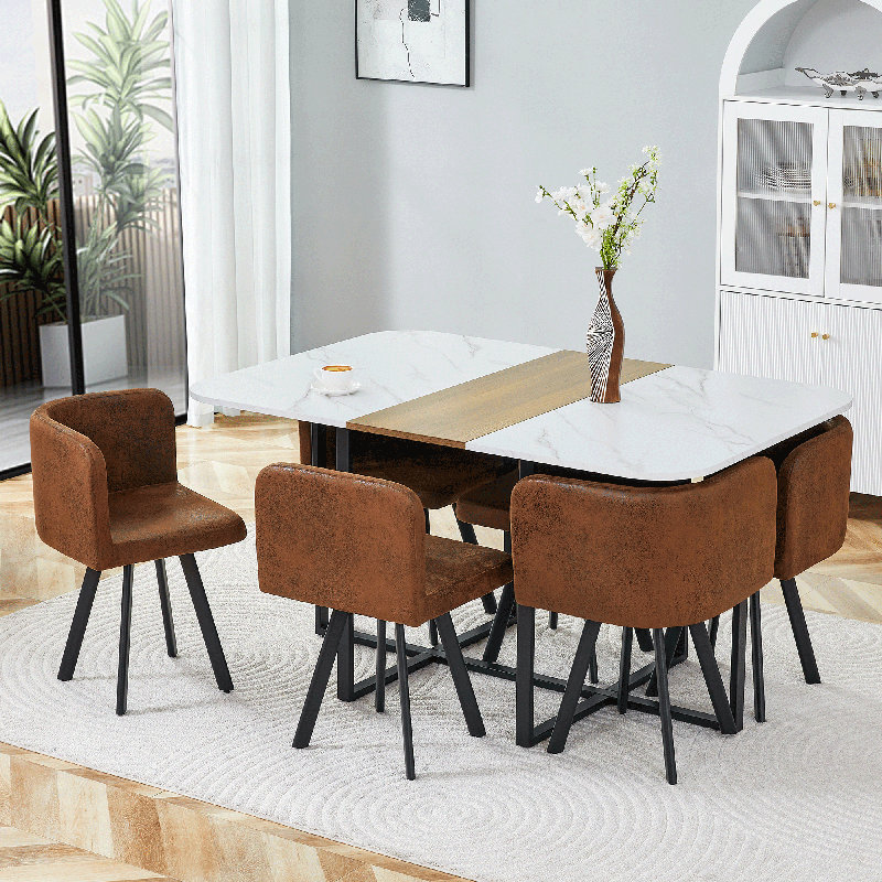 Ensemble de 7 pièces pour économiser de l'espace: table en mélamine + chaise rembourrée en polyuréthane, structure en fer thermolaqué noir pour la cuisine / salle à manger