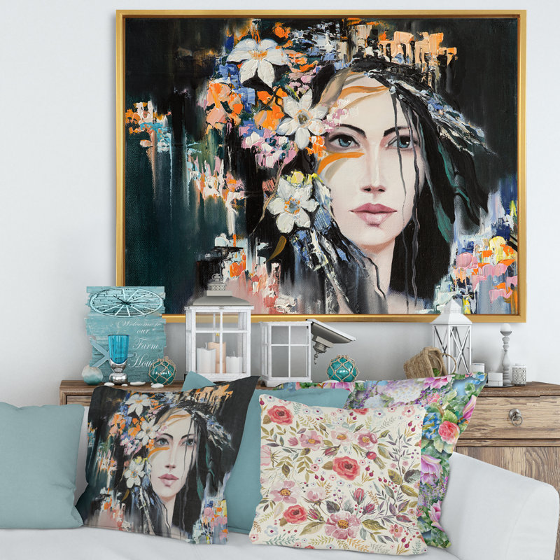 Portrait d'une jeune femme avec des fleurs I - peinture sur toile, H 24 po x l 32 po x P 1 po, Cadre flottant doré