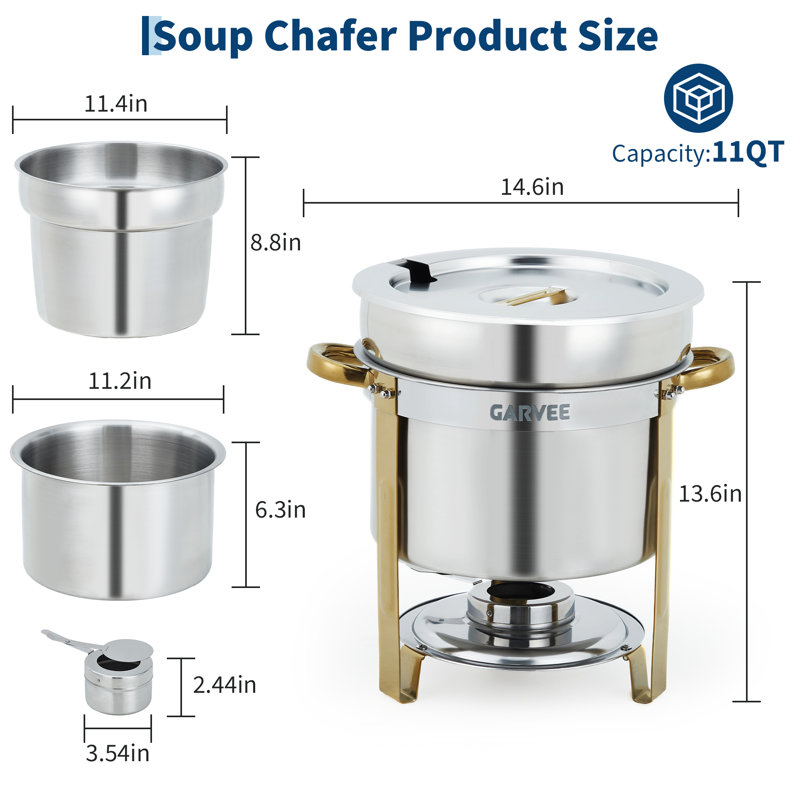 Paquet de 2 réchauds à soupe ronds, réchaud à soupe en acier inoxydable 11 pte avec marmite, couvercles entaillés et supports à carburant, or