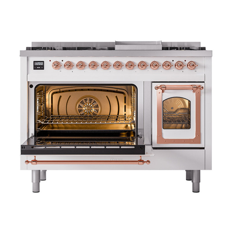 ILVE UN48FNMPEGG Nostalgie II Noblesse 48 inch Dual Fuel Range (8 Sealed Burners + Griddle, Triple Glass Door), White, Copper