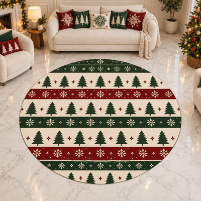 Tapis rond de Noël « ultra-fin » 183 x 183 cm à rayures nordiques, idéal pour le salon, la chambre à coucher et le bureau à domicile. Tapis d'intérieur doux à poils courts avec envers antidérapant en silicone.