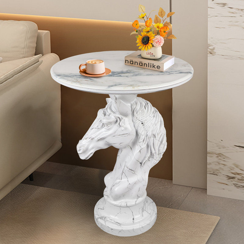 Modern End Table Living Room - Horse Statue White Faux Marble Night Stand, 23" Tall Contemporary‌ Side Table with Horse Head Base (17.73" Wide) for Reception Area & Bedroom